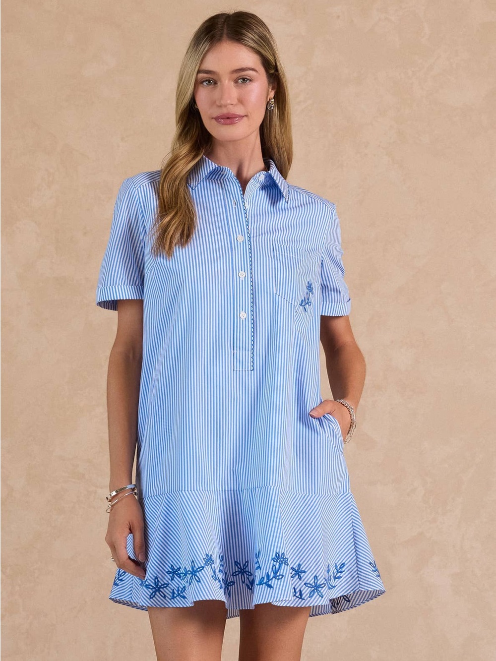 Striped Embroidered Mini Shirt Dress - Picture 2 of 5